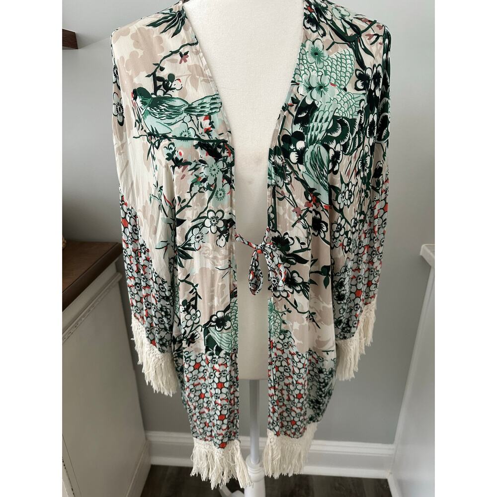 Zara Trafaluc Kimono Cardigan M Floral Bird Print Fringe Tie Front Boho